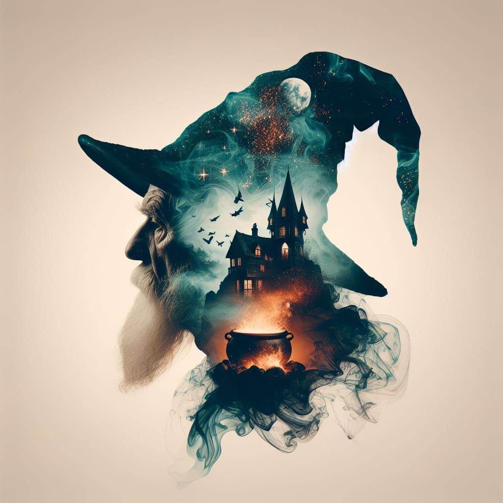 Mystical Wizard Double Exposure in Teal and Sienna