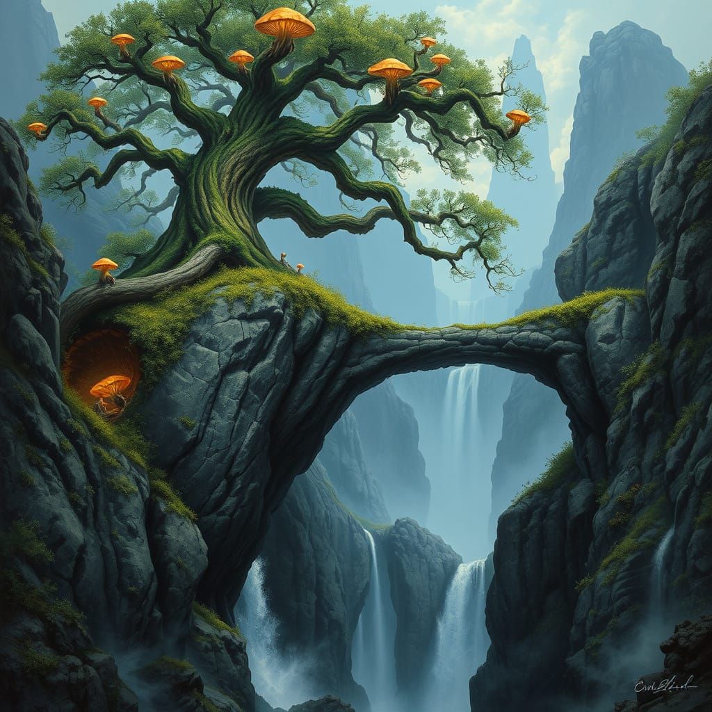 Majestic Tree on Ancient Living Stone Bridge in Classic Fant...