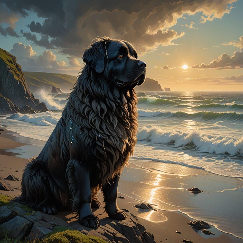 Newfoundland Dog Contemplates Ocean Horizon