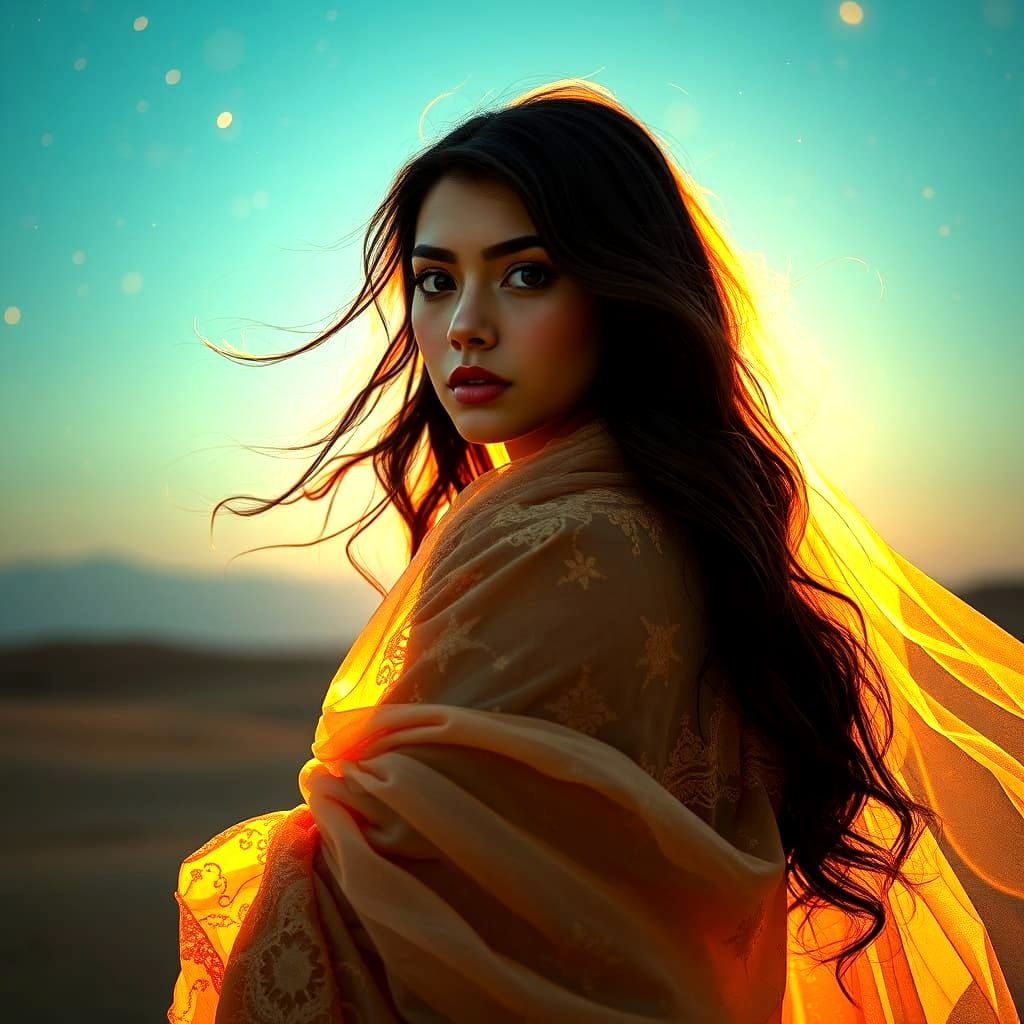 Dreamlike Desert Portrait in Alphonse Mucha Style
