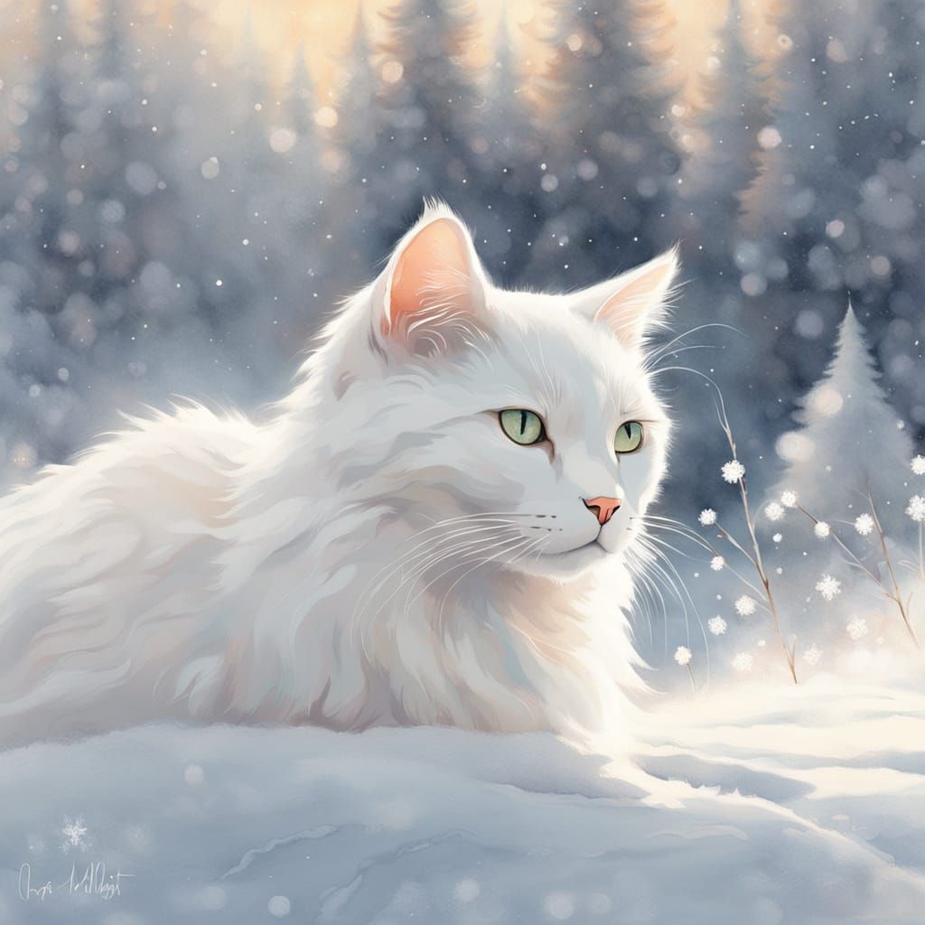 White Cat in Snowy Landscape: Watercolor Art