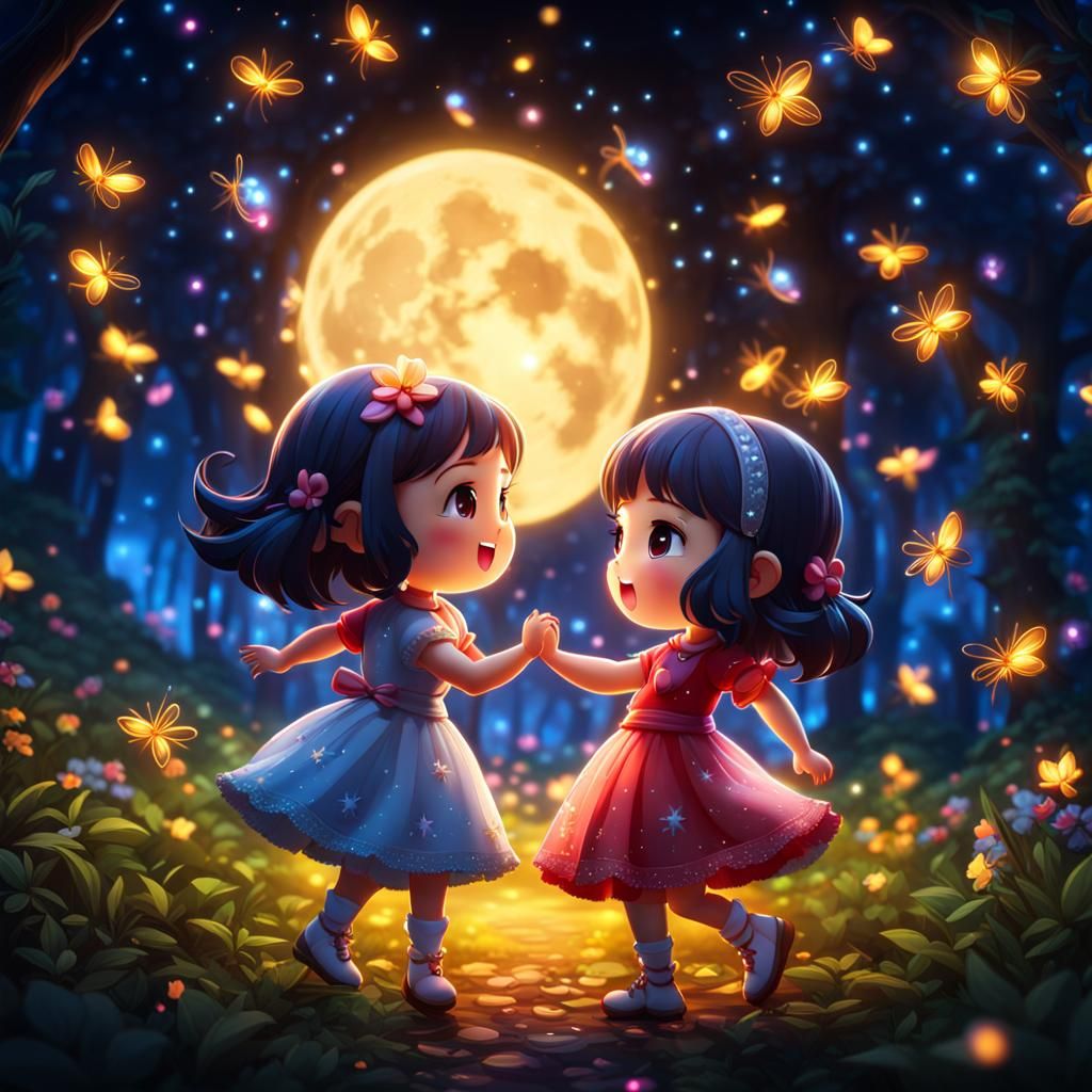 Cute Chibi Girls Dancing in the Moonlight