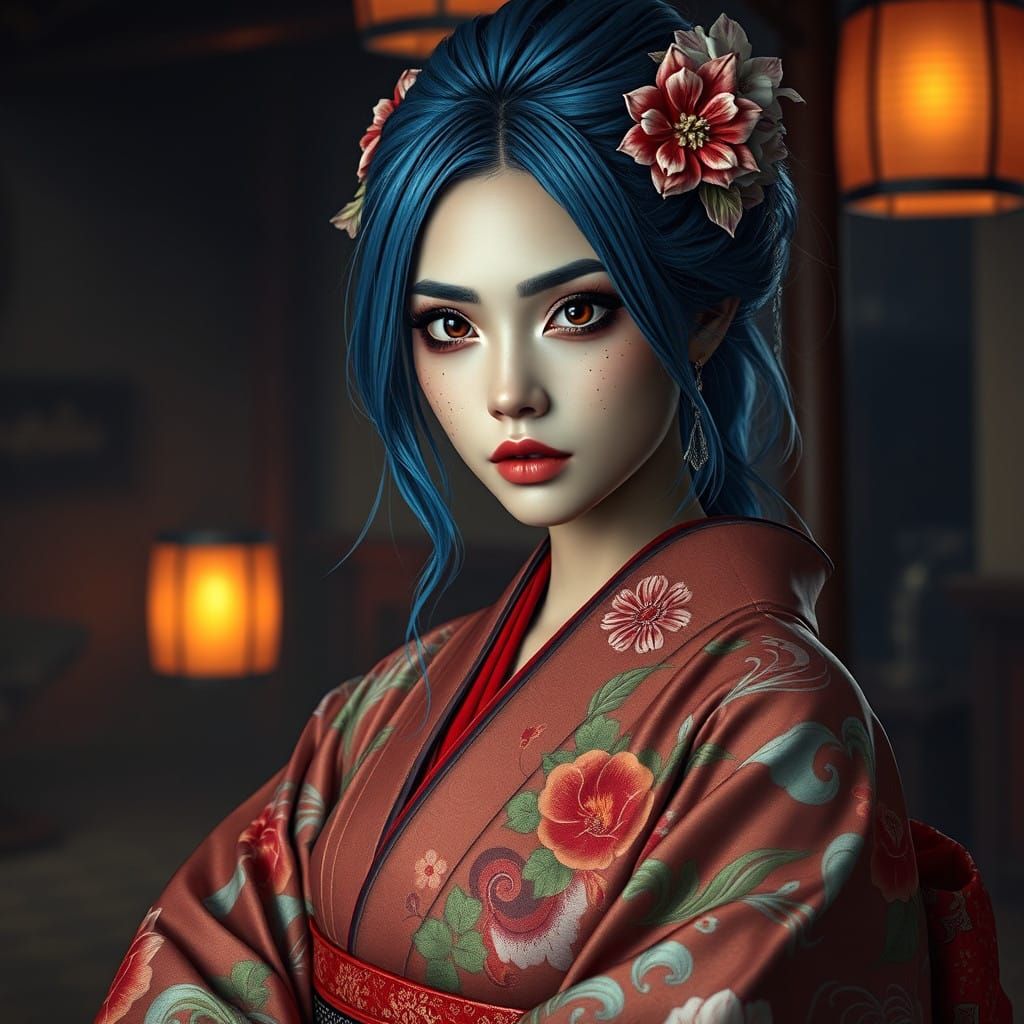Ethereal Blue-Haired Geisha in Mystic Japanese Landscape