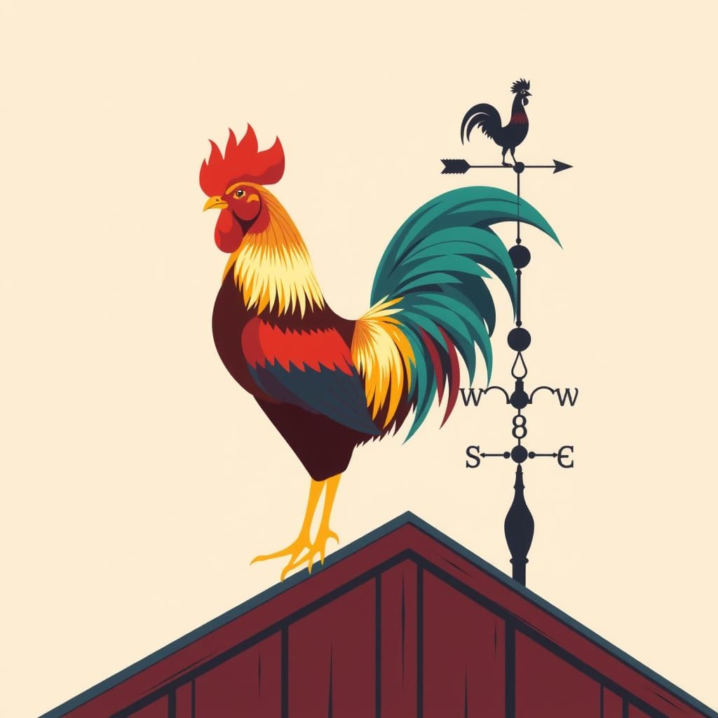 Vibrant Rooster Perched on Barn Roof