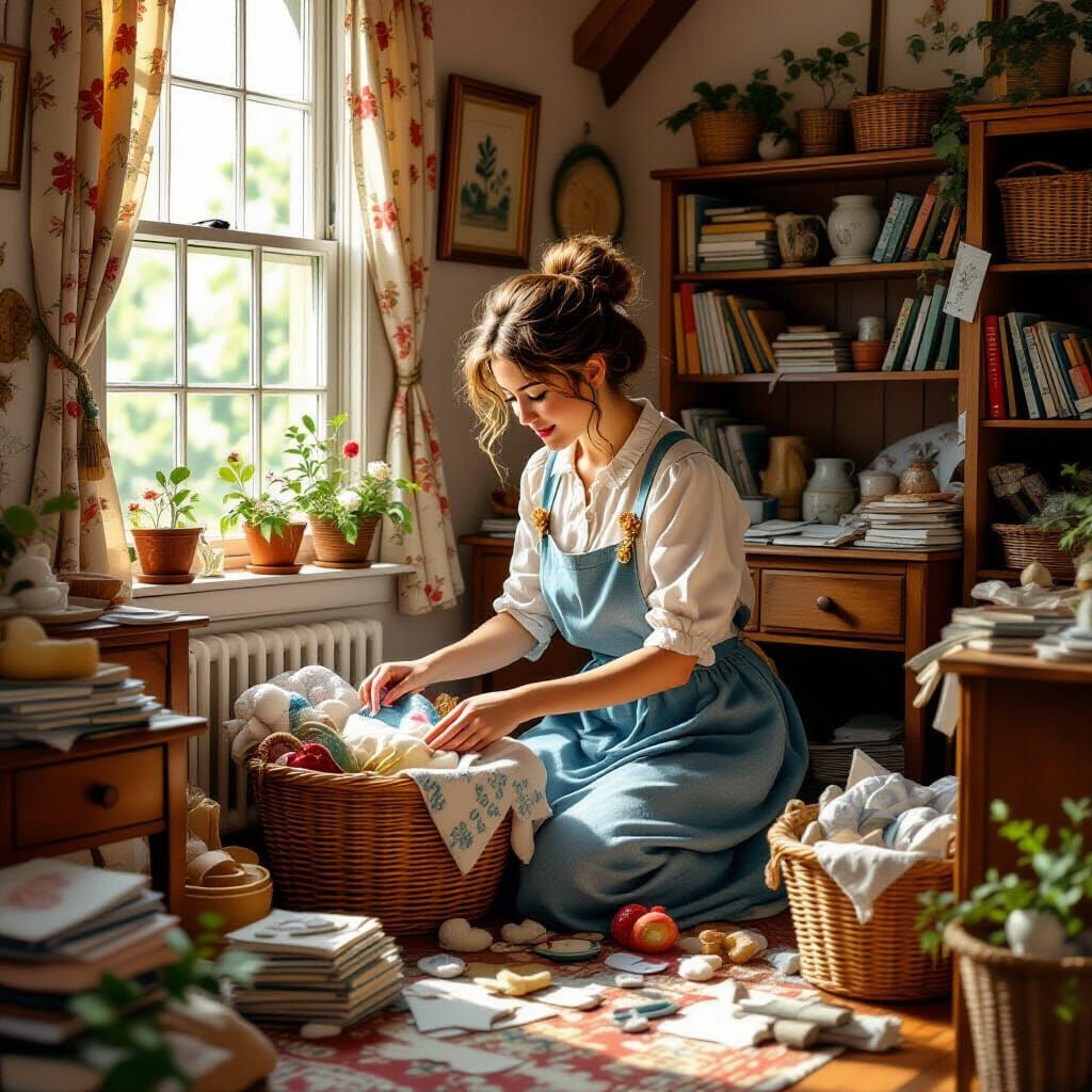 Person Tidying Cluttered Room in Whimsical Style