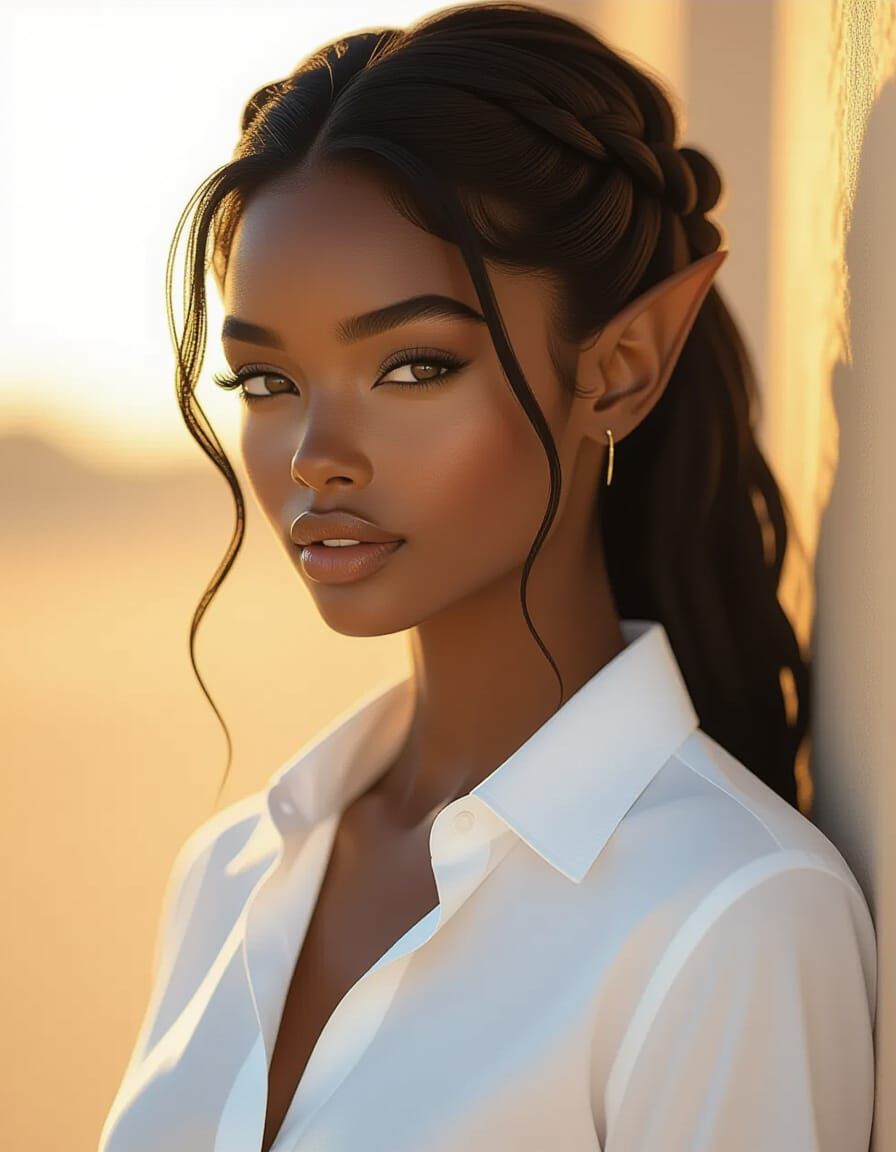 Photorealistic Black Elf Woman in Golden Hour Light