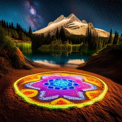 Rangoli with LED Lights Reflected in Lake