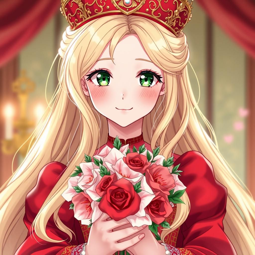 Anime Princess with Flowers in Red Gown