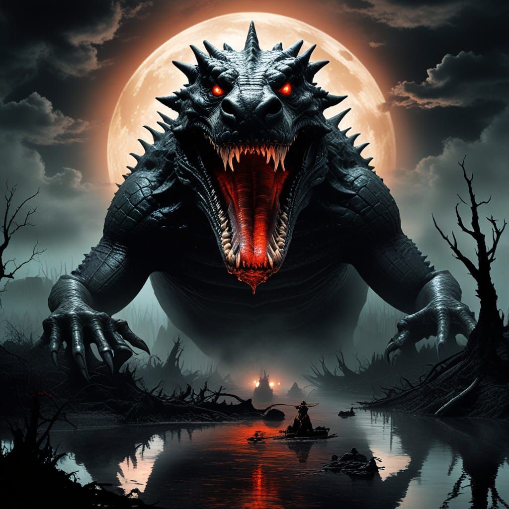 Giant Demonic Crocodile Under Blood Moon
