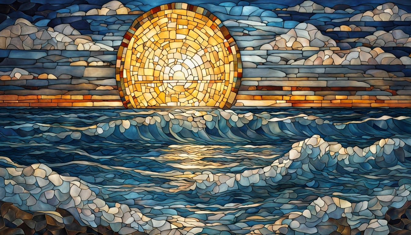 Moonlit Ocean in Stained Glass Mosaic Style