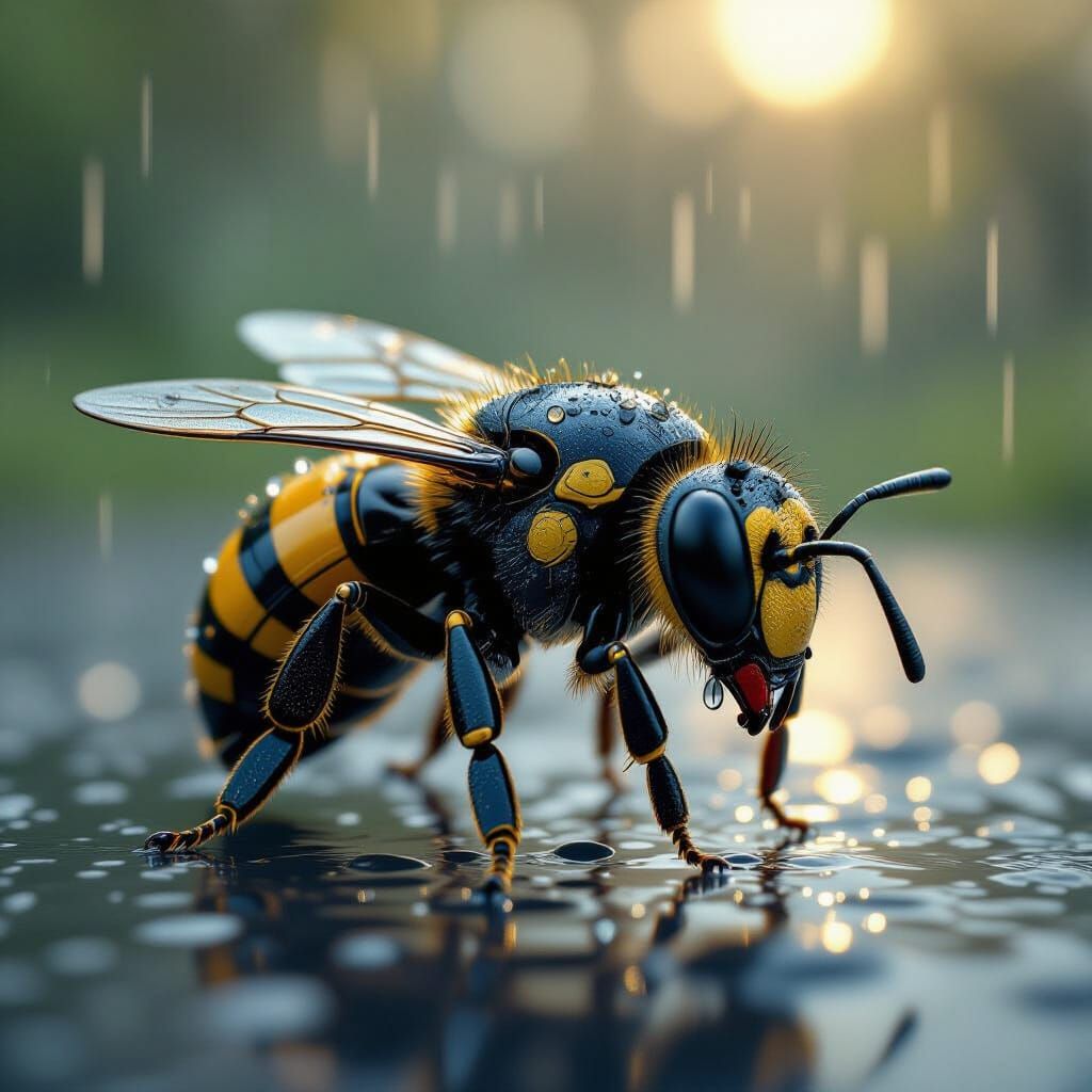 Photorealistic Robotic Bee in Gentle Rain with Dewdrops