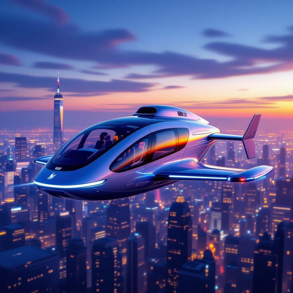 Futuristic 100-Passenger Air Taxi Soars Over Cityscape