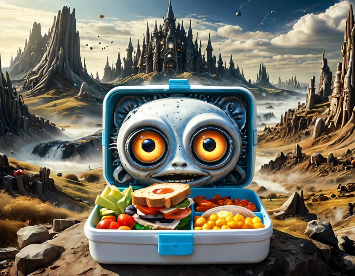 low angle, fisheye lens, close-up, Cute adorable smiling sandwich in plastic lunch box, label text "lunch",  plastic goo...