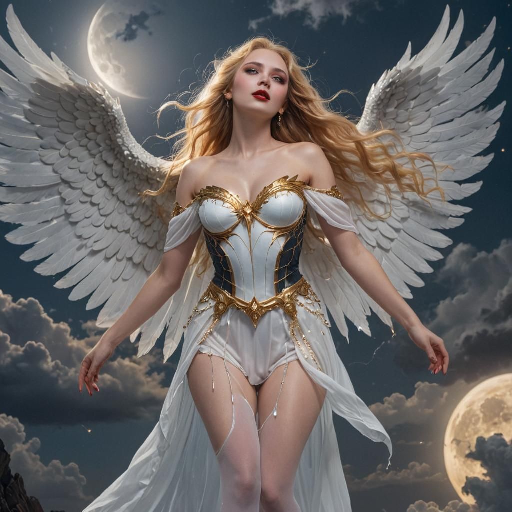 Winged Goddess in Moonlit Sky: Fantasy Concept Art