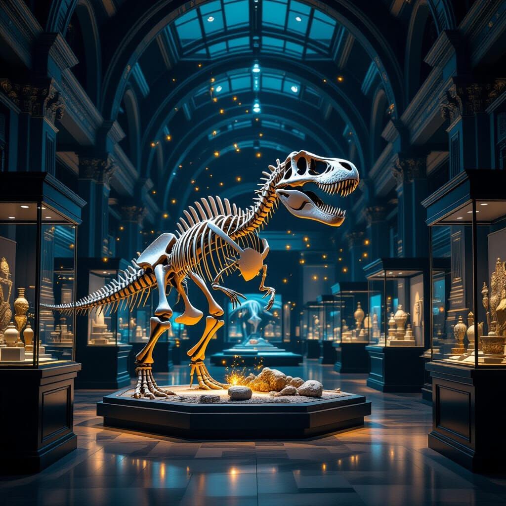 Dinosaur Skeleton Awakens in Magical Museum at Night