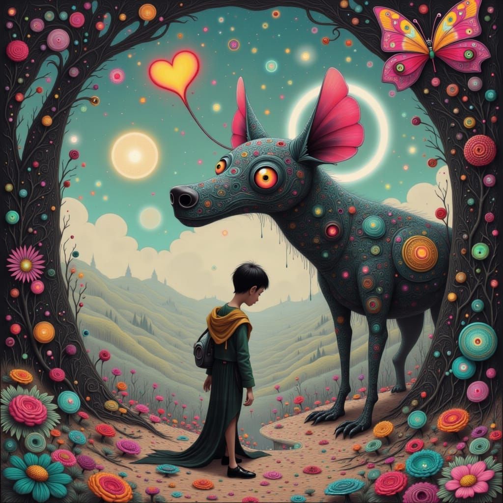 Dog in Symbolic Scene with Futuristic Details