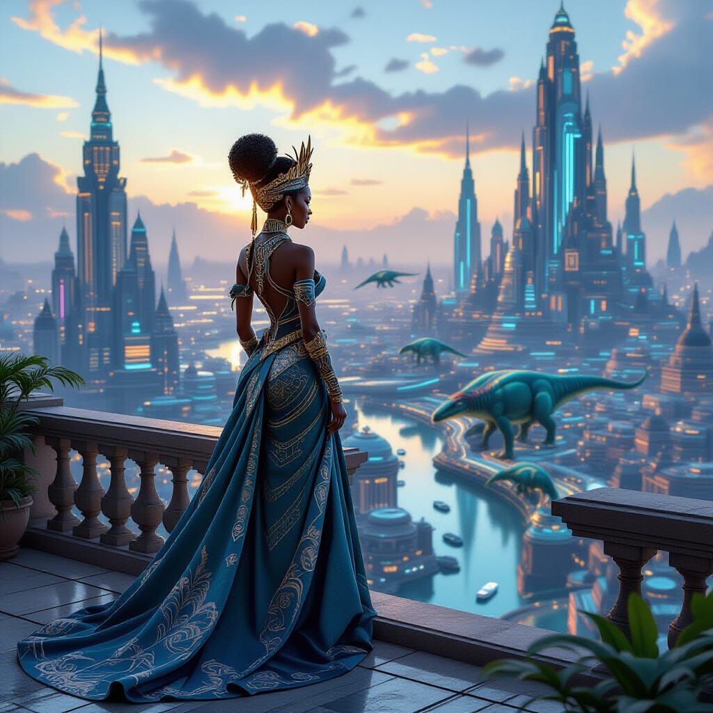 Regal African Queen in Cyberpunk Cityscape