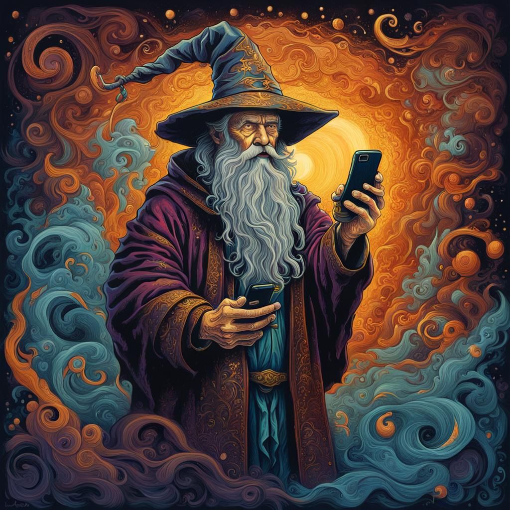 Wizard with Cellphone: Detailed Digital Painting