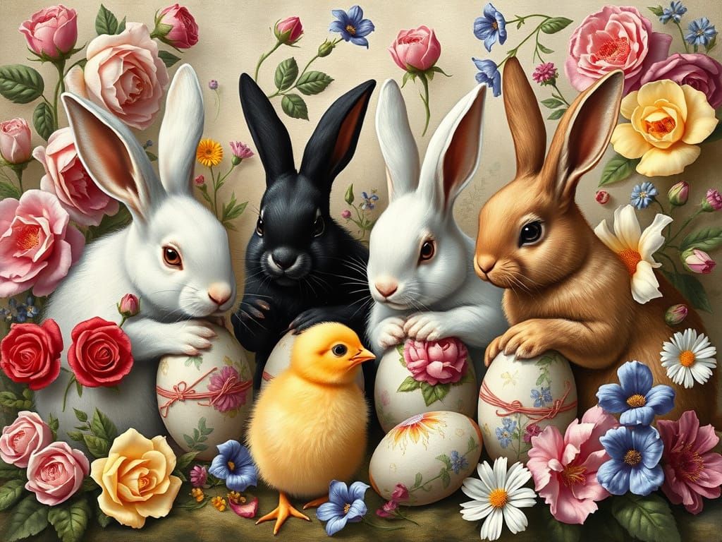 Bunnies and Chick Painting Easter Eggs in Renaissance Style