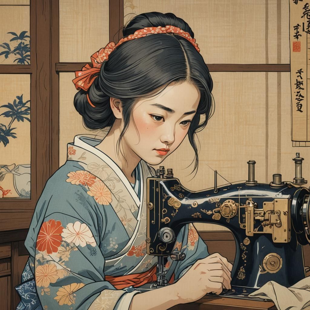 Ukiyo-e Portrait: Girl at Sewing Machine in Woodblock Print ...