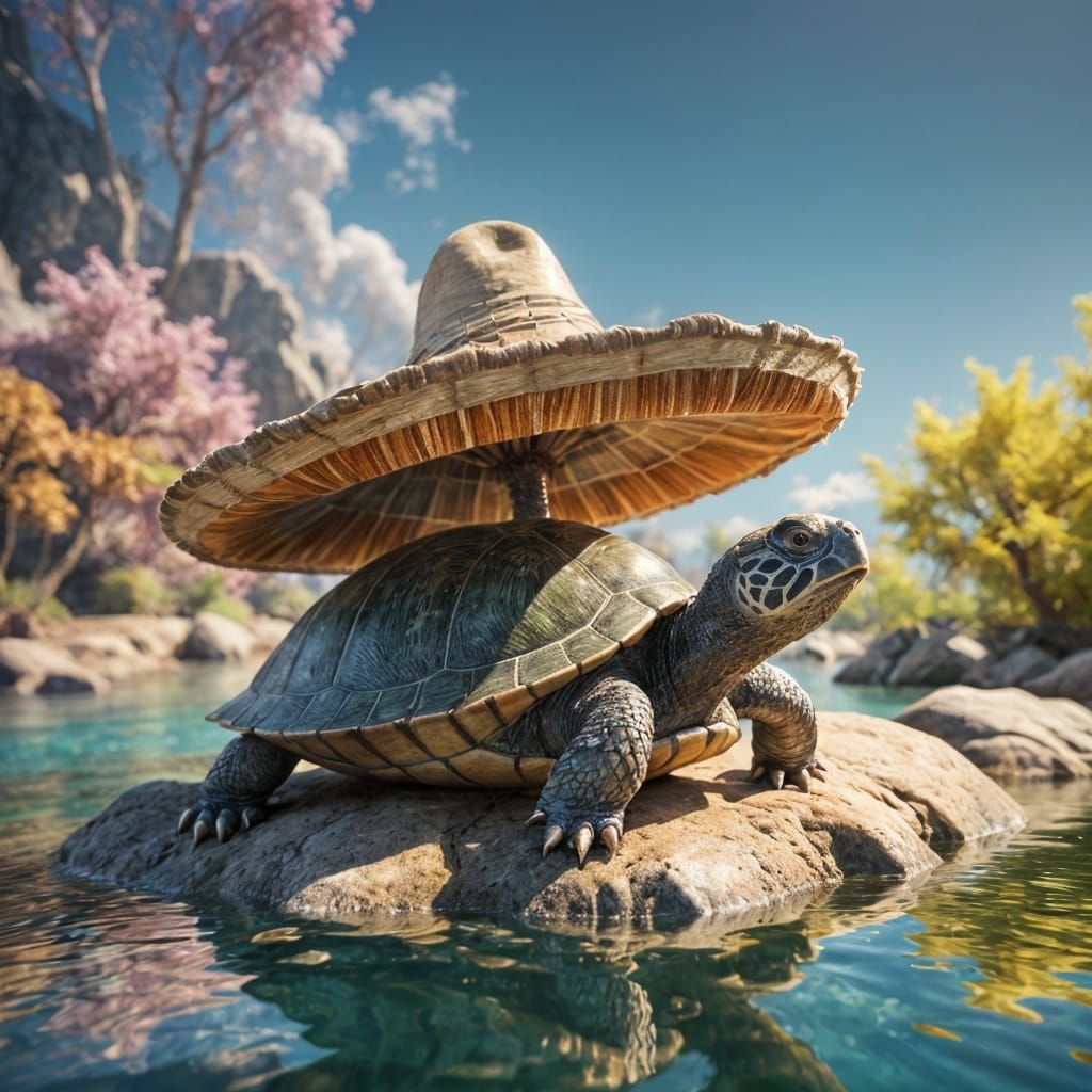 Turtle in Sombrero Sunbathing: 3D Anime Art