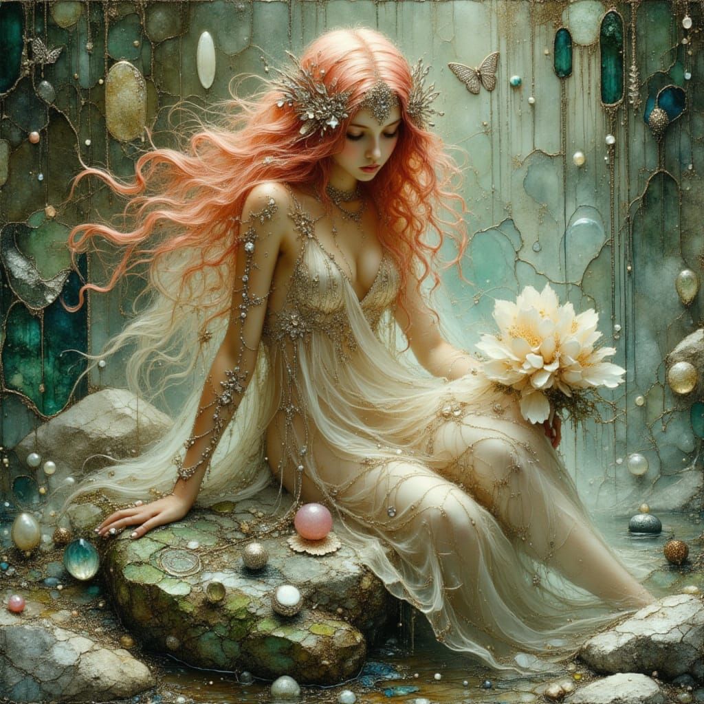 Water Nymph in Crystal Grotto, Art Nouveau Style