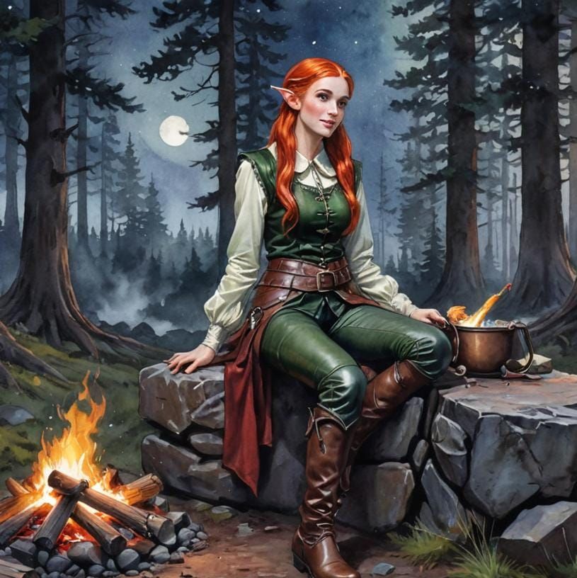 Enchanted Elf Relaxing by Campfire: Watercolor Illustration