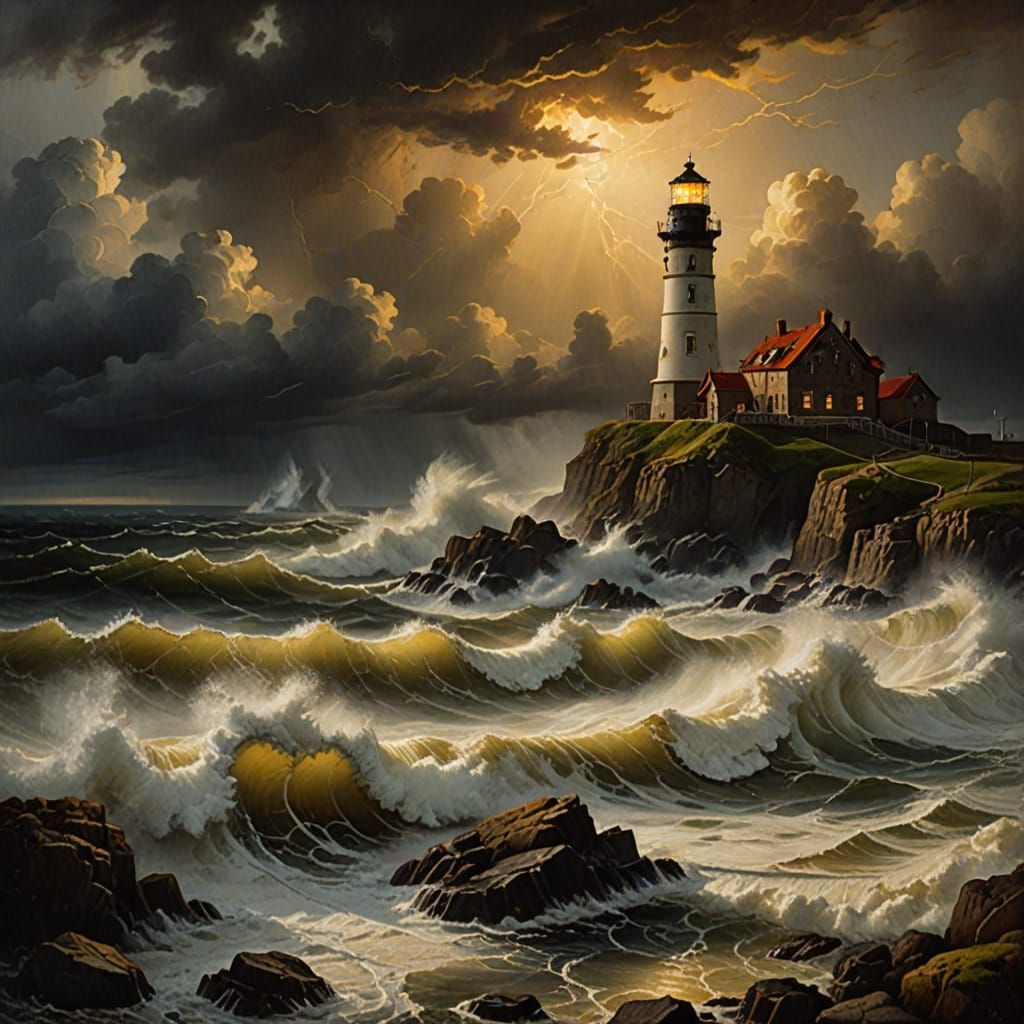 Stormy Lighthouse Painting in Dutch Masters Style