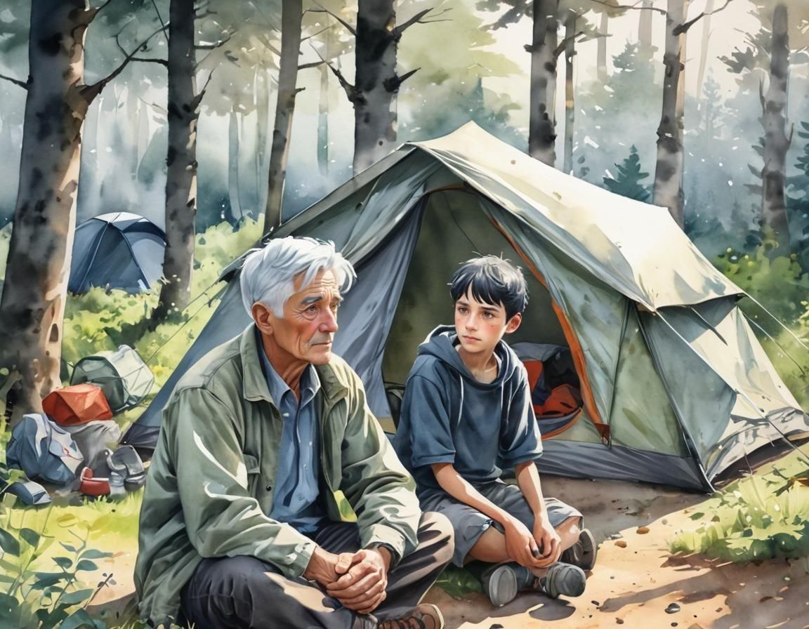 Boy and Grandfather Camping: Watercolor Anime Style
