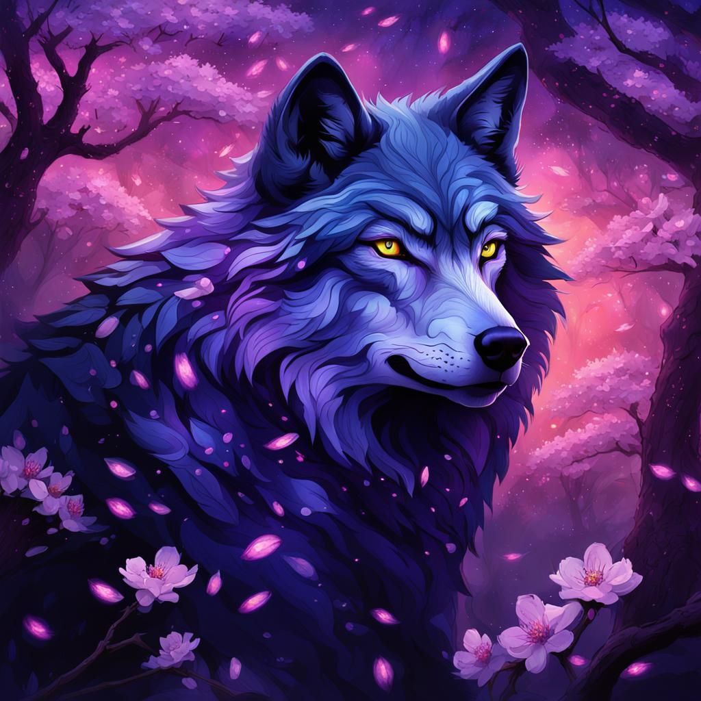 Lavender Wolf in Midnight Cherry Blossom Forest