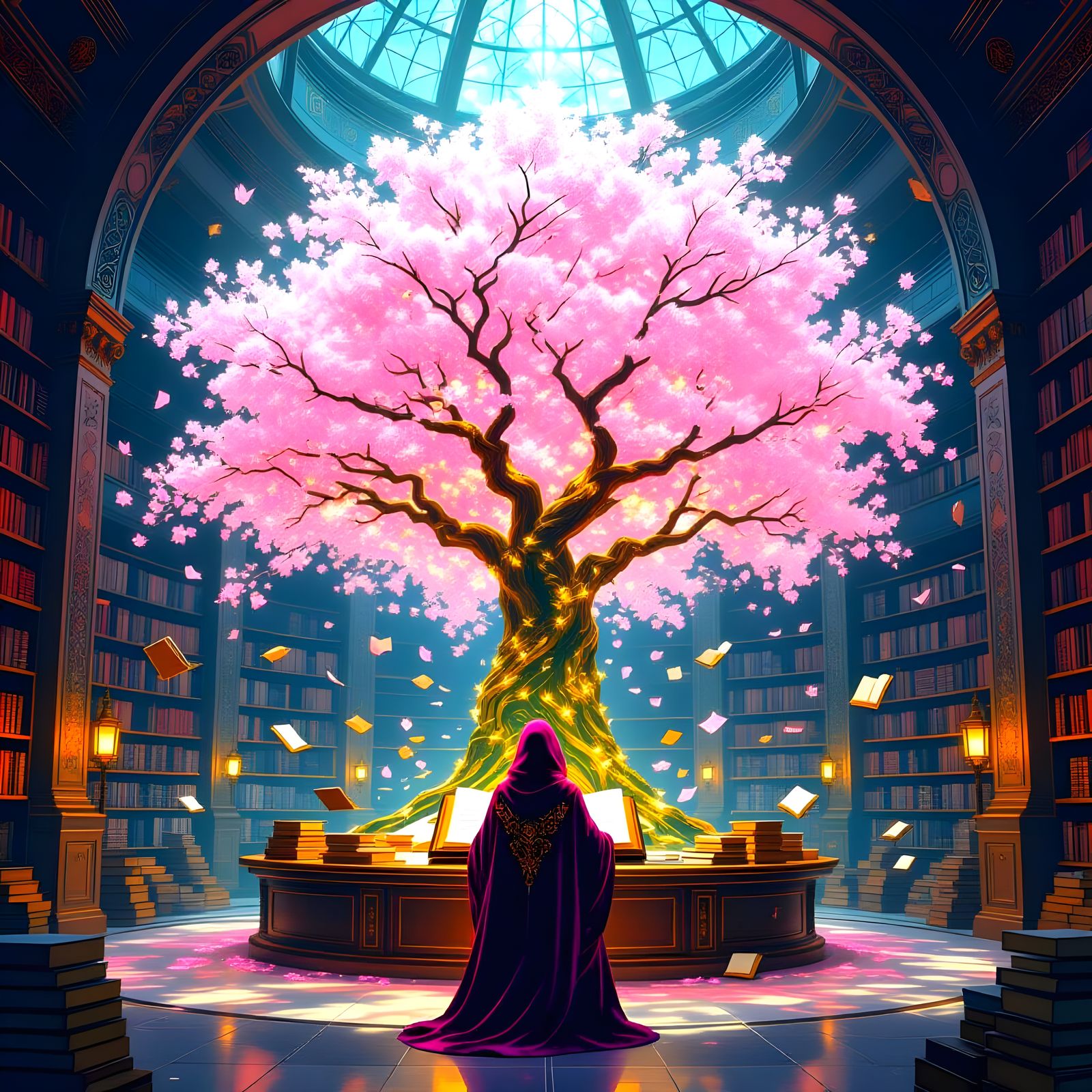 Bioluminescent Sakura Tree in Subterranean Library