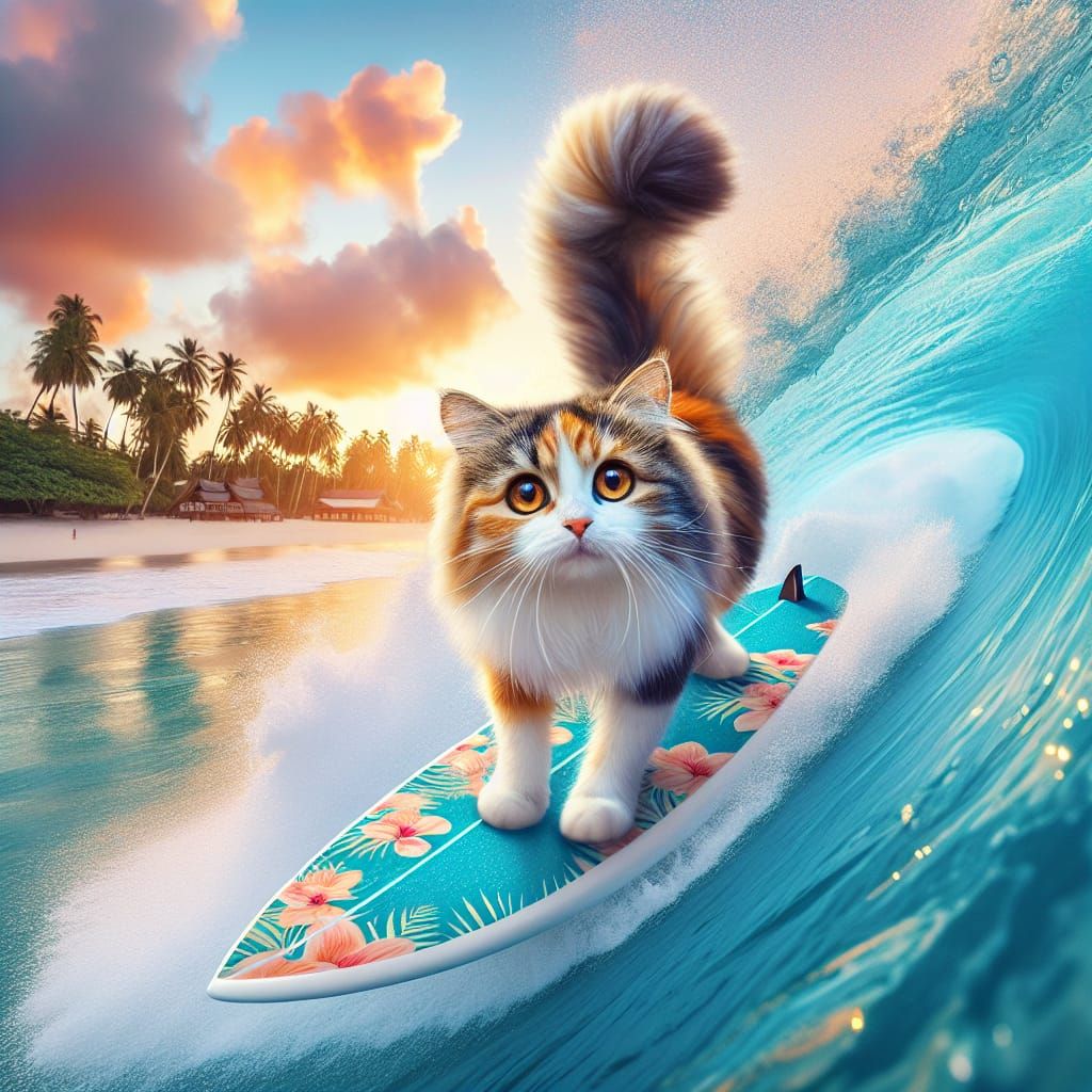 Feline Surfer Balances on Bright Blue Board