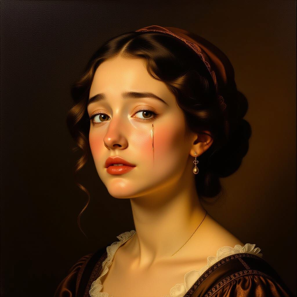 Hyperrealistic Oil Portrait: Reverent Tear in Golden Light