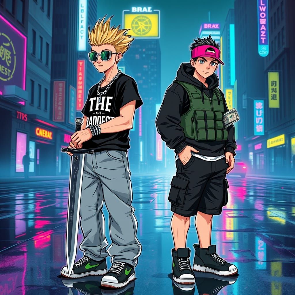 Cyberpunk Heroes in Neon-Lit Cityscape