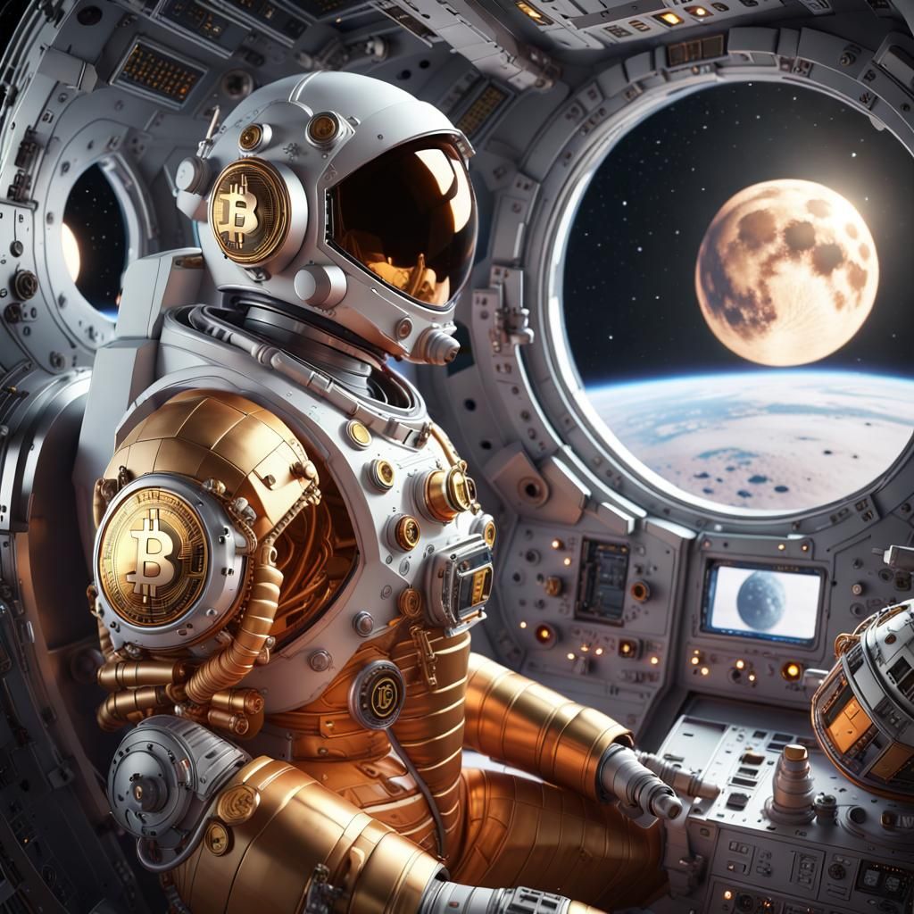 Bitcoin Astronaut Gazing at Moon in Futuristic Spaceship