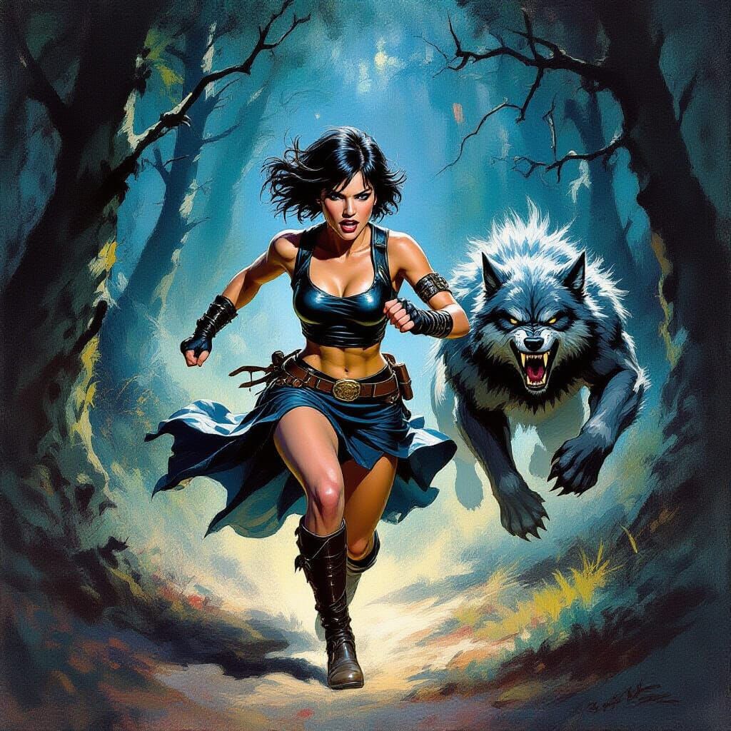 Adventuress Runs from Werewolf in Oil Painting Style