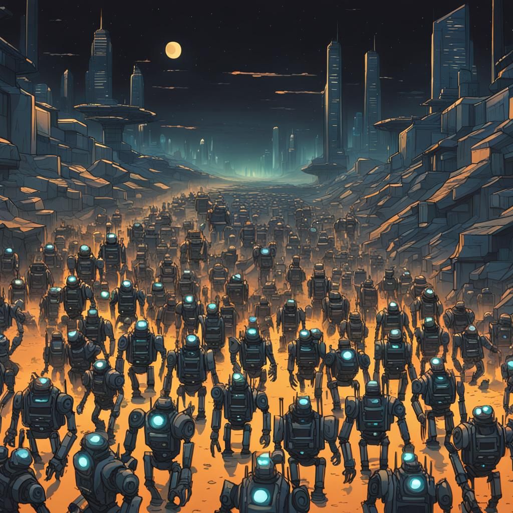 Sci-Fi Horde of Robots Marching at Night