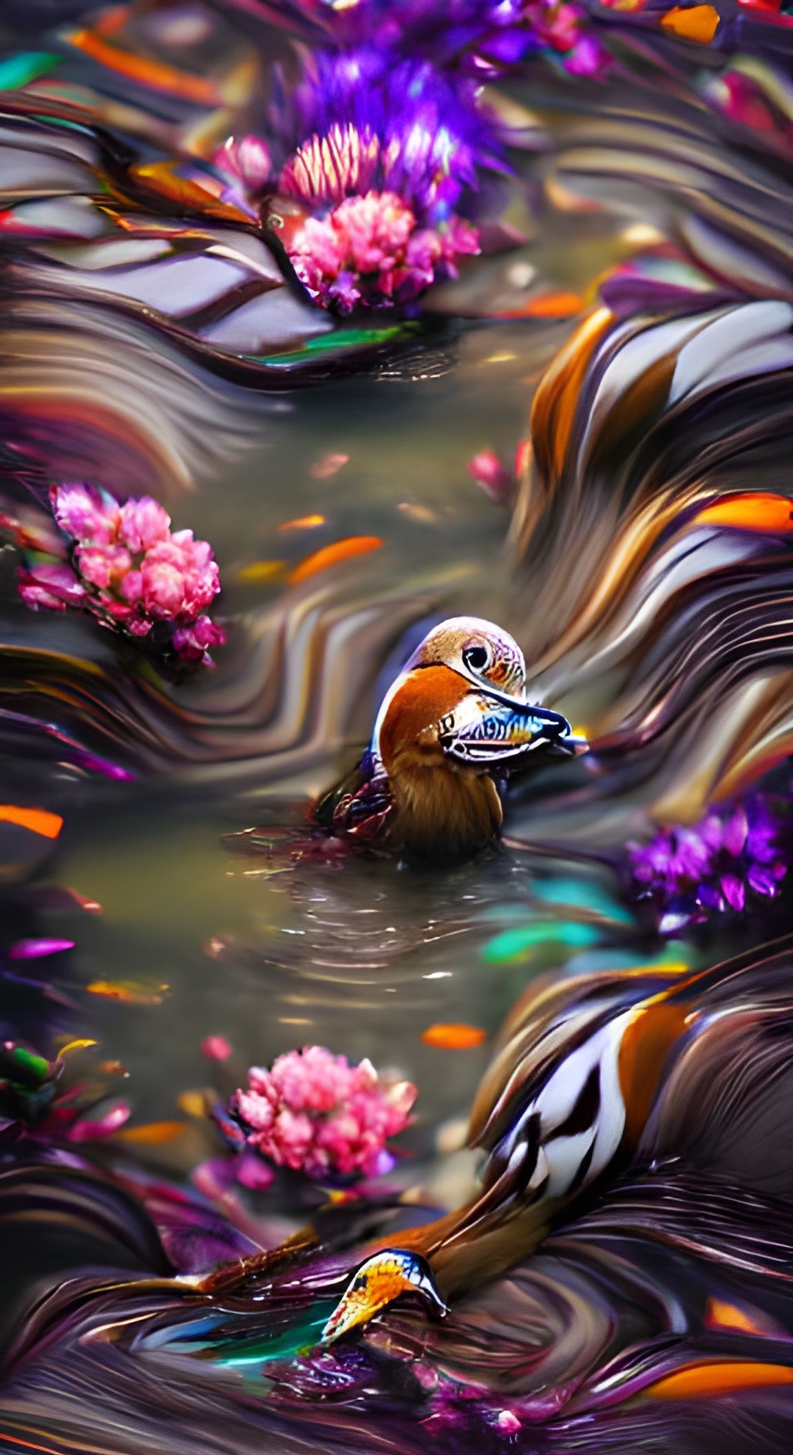 Iridescent Mandarin Duck in Floral Pond: 8K Digital Art