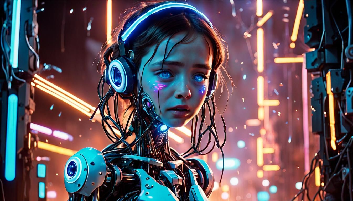 Cyborg Girl Crying in Neon Cyberpunk Wasteland