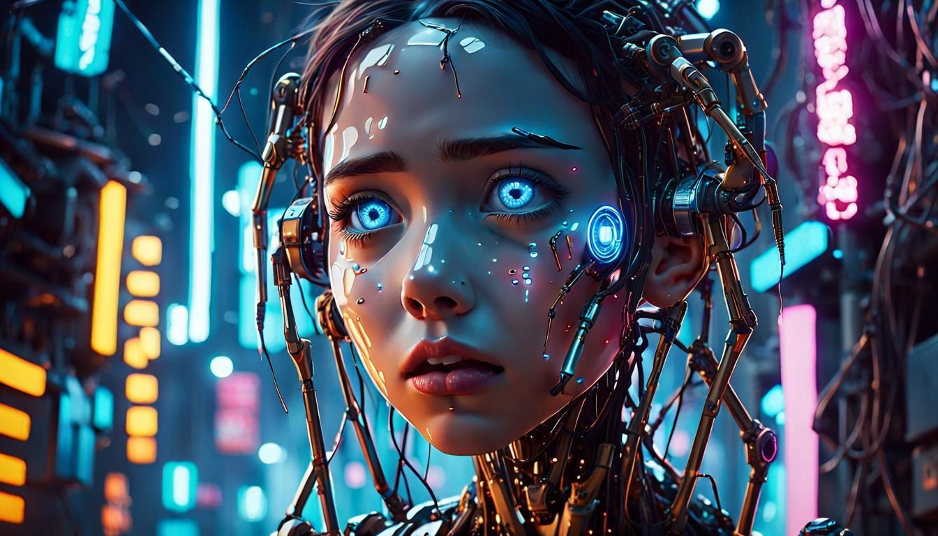 Cyborg Girl Crying in Cyberpunk Synthwave Scene