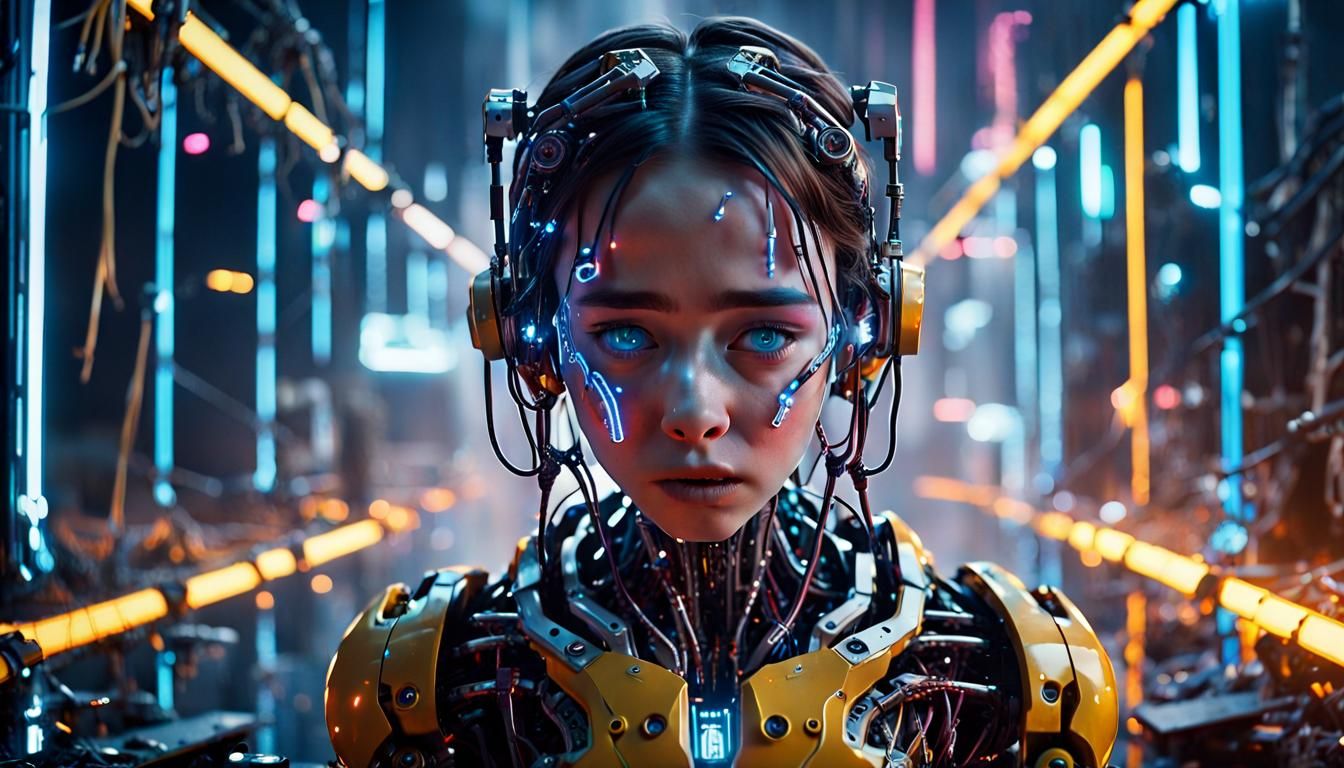 Cyborg Girl Crying in Cyberpunk Neon Wasteland