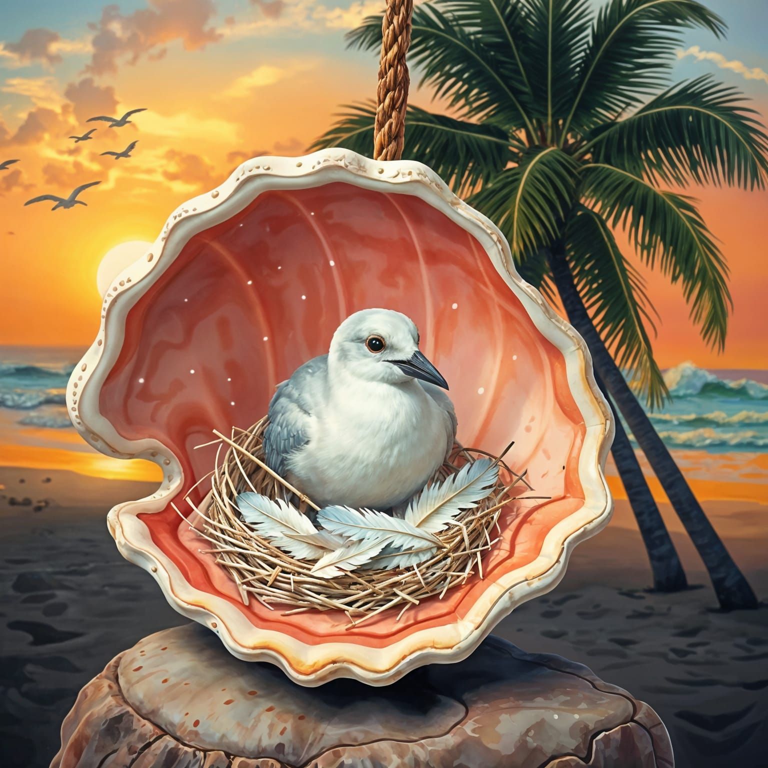 Seashell Birdhouse for White Tern, Watercolor Art