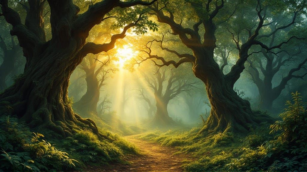 Ethereal Dawn in a Mystical Forest