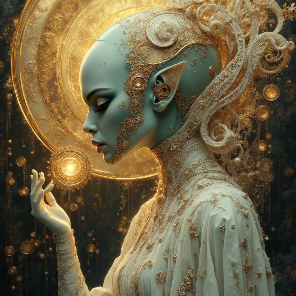 Turquoise Alien in Futuristic Helmet, Oil Painting Style