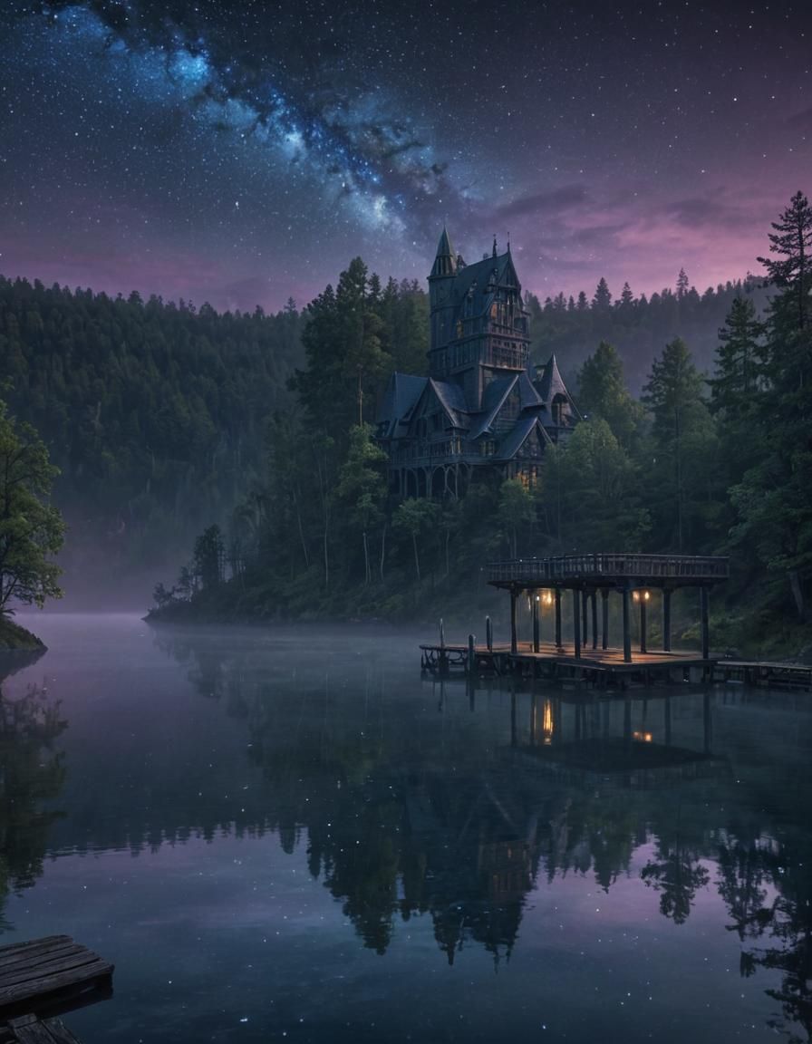 Starry Night Forest River Pier: Fantasy Concept Art