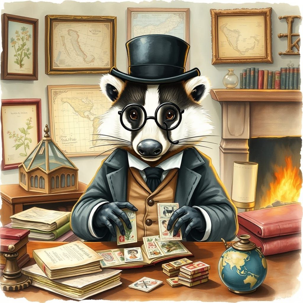 Badger Arranging Stamps in Whimsical Watercolor Style