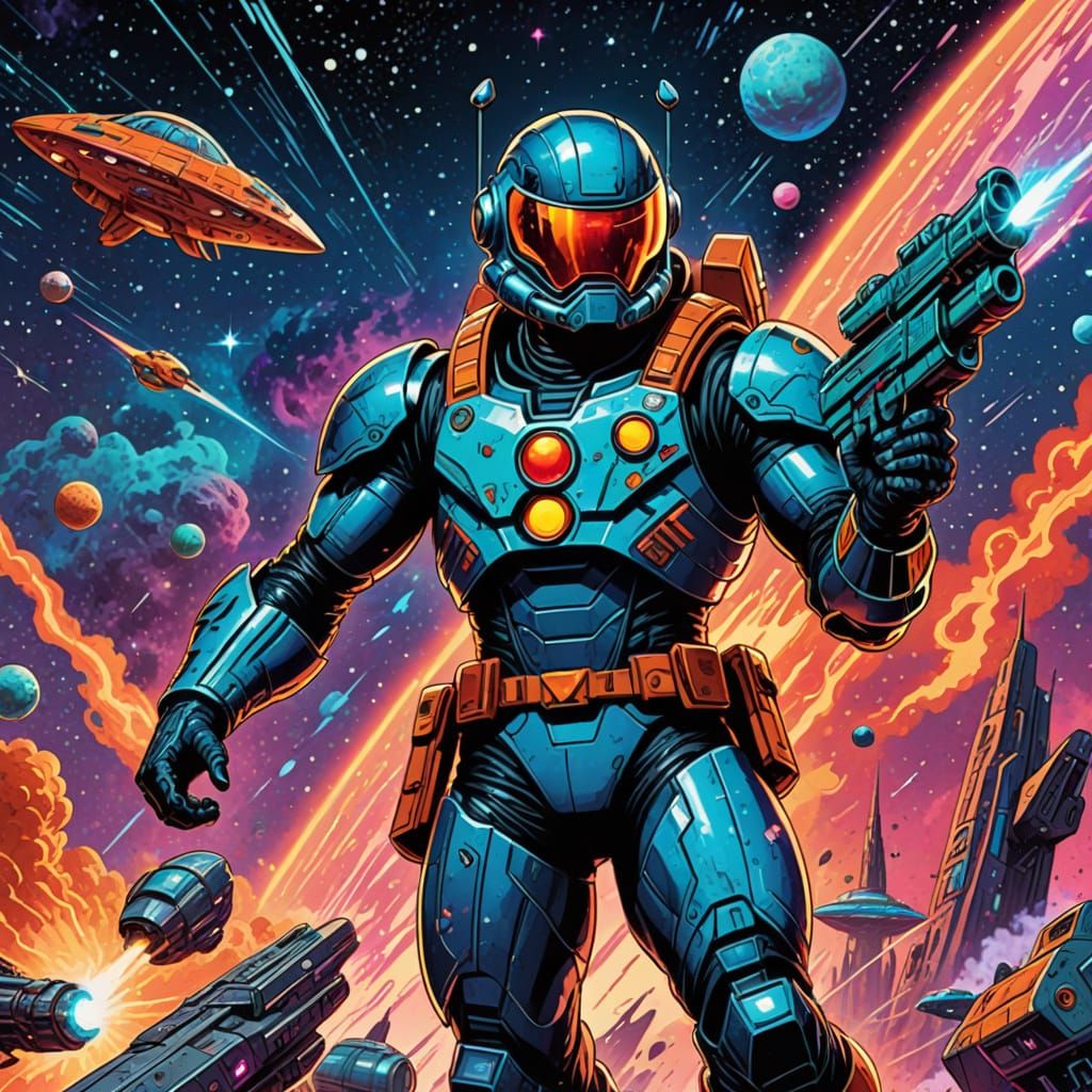 Space Warrior in Retro-Futuristic Comic Book Art Style