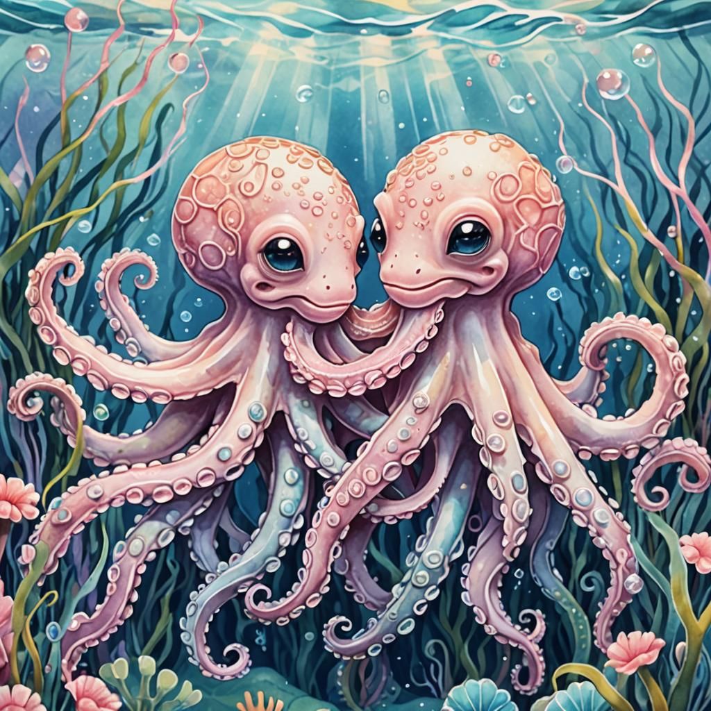 Heartwarming Kawaii Octopus Embrace Underwater Illustration