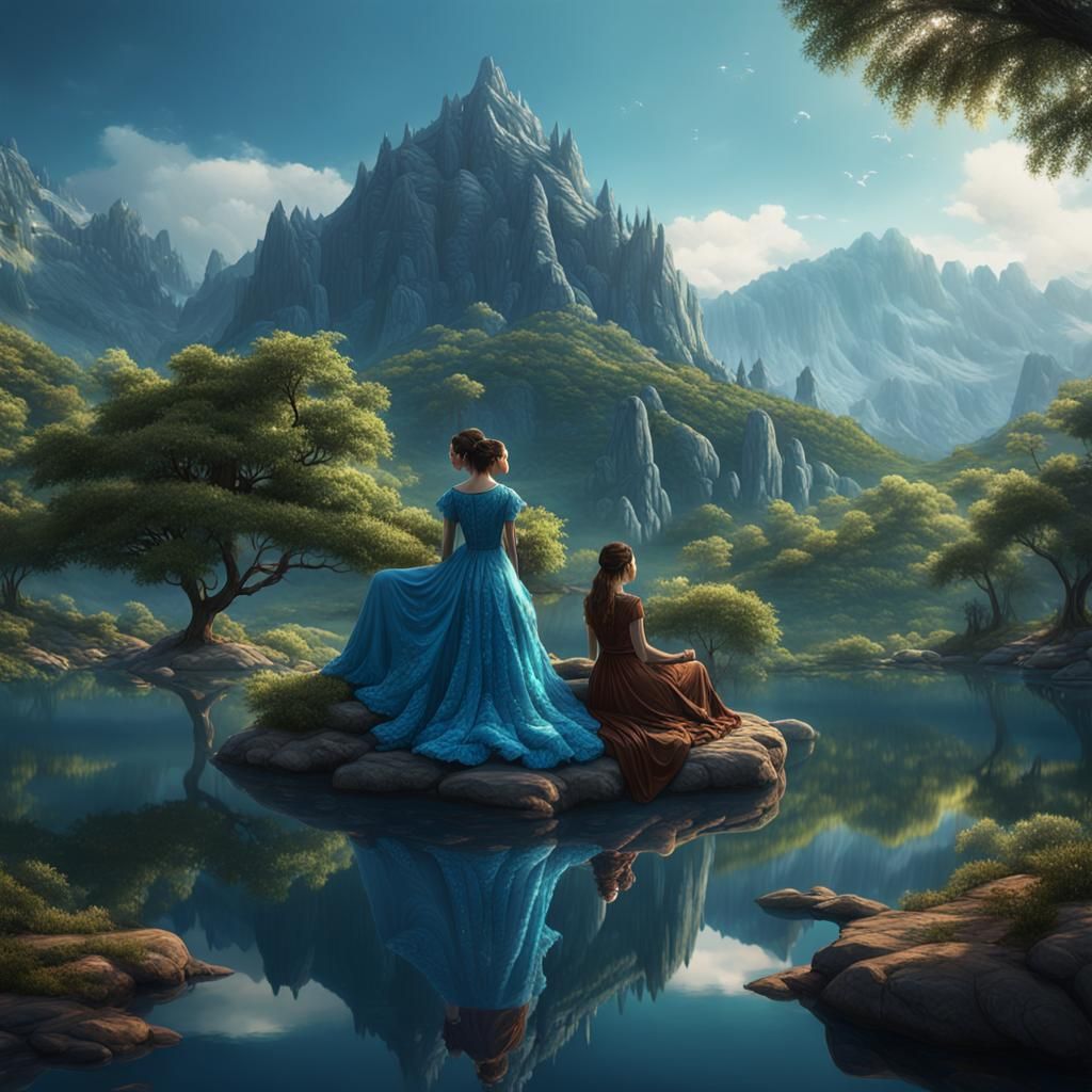 Aesthetic Blue Mountain Reflection with Girls in Blue