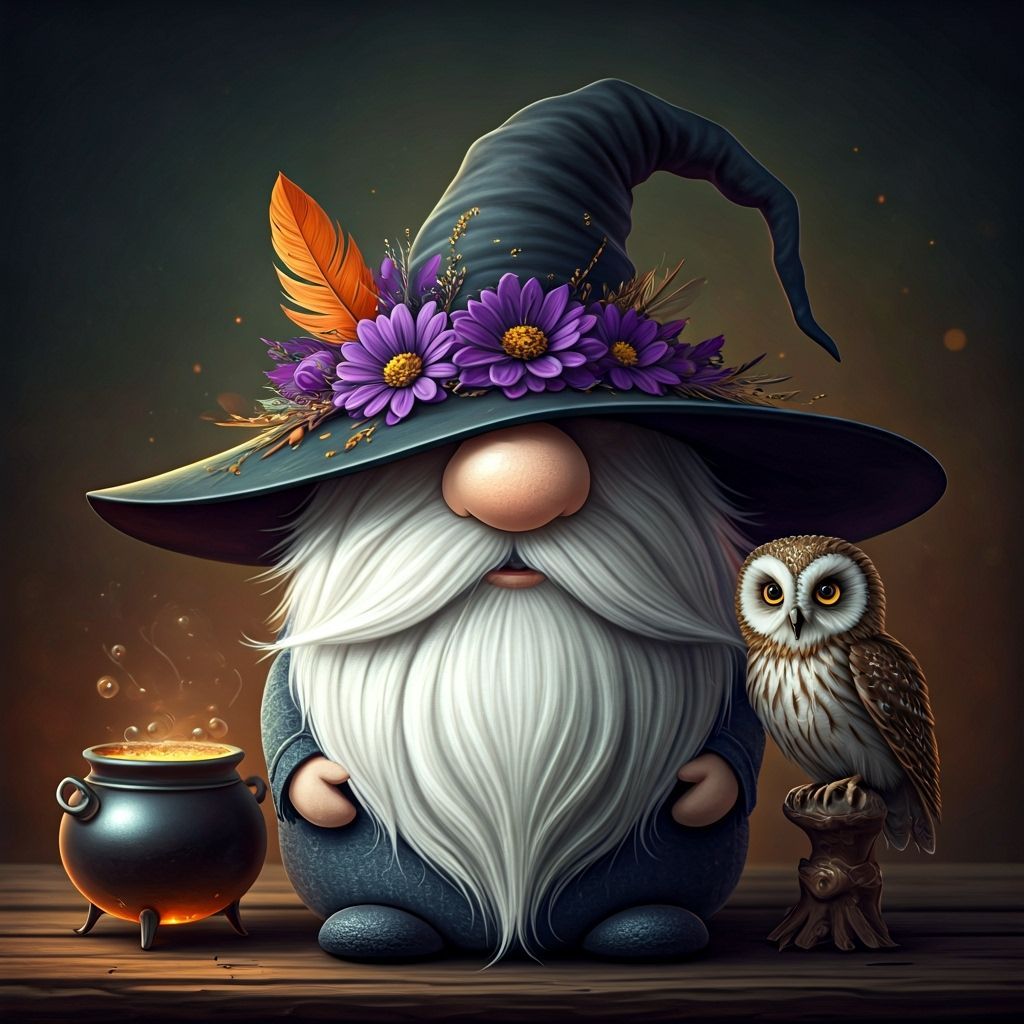 Enchanting Autumn Gnome with Witch Hat and Owl